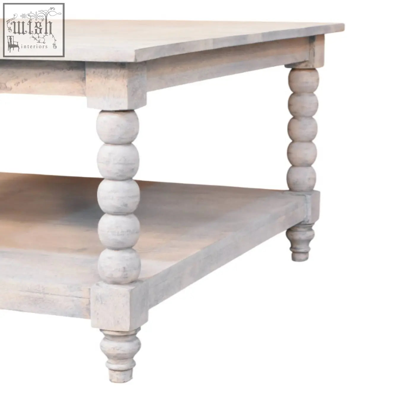 Rustic white-washed wooden barclay acid wash coffee table with turned bead legs and a lower shelf for storage