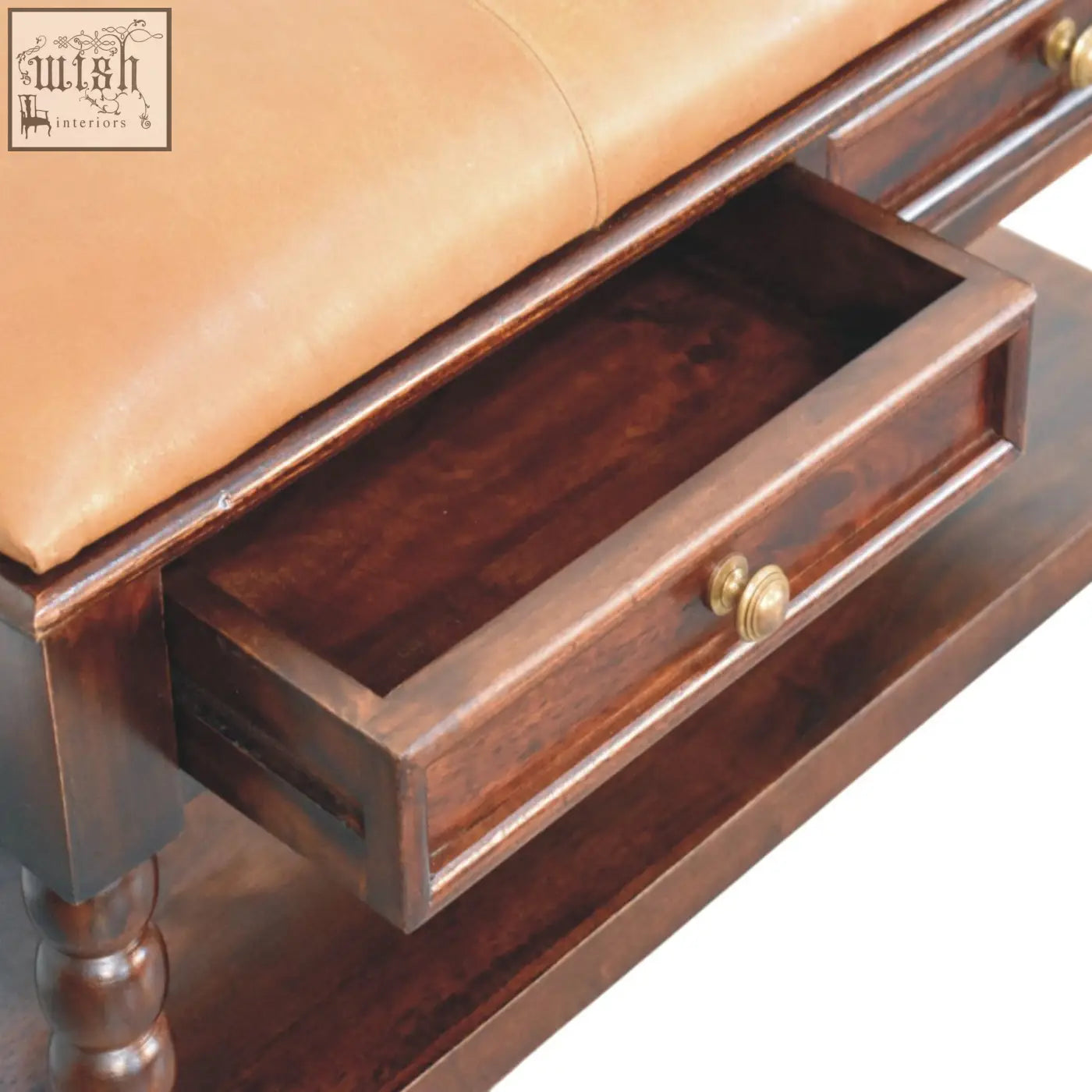 Barclay bench storage bench with brown leather top and drawer in oak solid mango wood with winewood oak finish