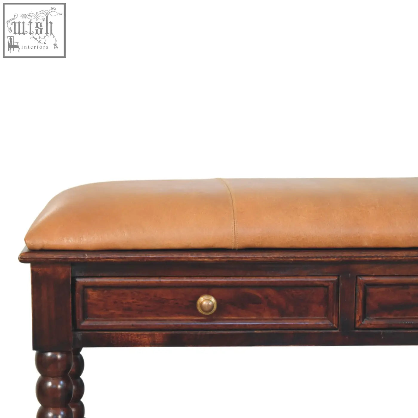 Barclay bench with brown leather top and single drawer in oak solid mango wood with winewood oak finish storage bench