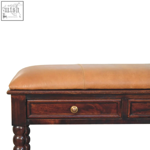 Barclay bench with brown leather top and single drawer in oak solid mango wood with winewood oak finish storage bench