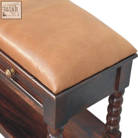 Barclay bench is a brown leather-topped storage bench with a drawer and turned legs in winewood oak finish