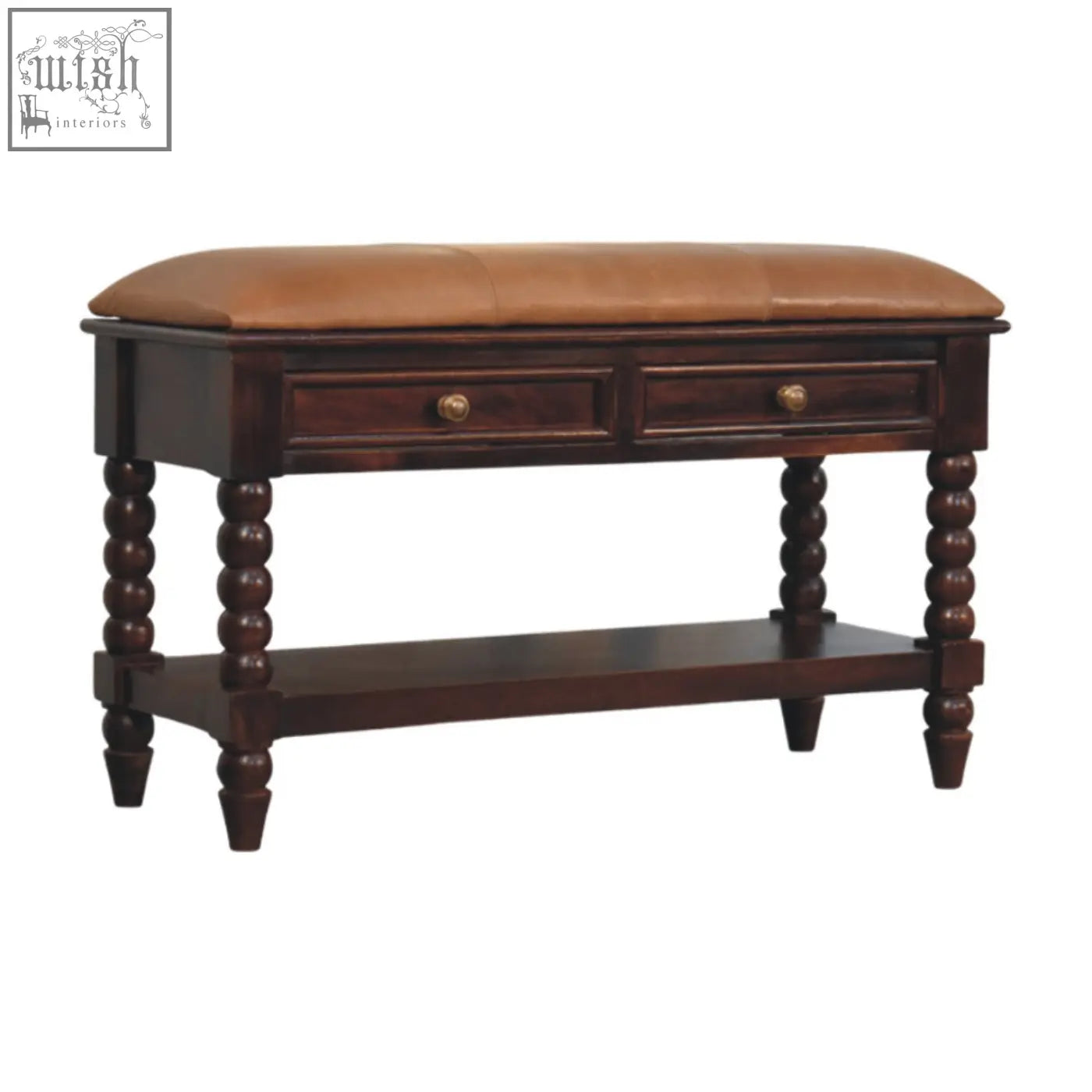 Dark wood console bench with tan leather cushion and two drawers in winewood oak finish for storage bench use