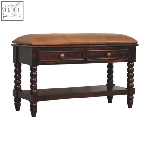 Dark wood console bench with tan leather cushion and two drawers in winewood oak finish for storage bench use