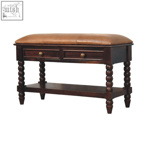 Barclay bench storage bench with winewood oak finish, dark wood, tan leather cushion, and two drawers