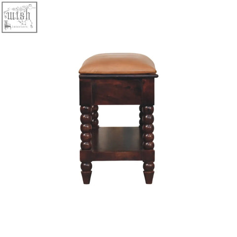 Dark wood barclay bench with tan leather cushion and turned bead legs in winewood oak finish storage bench