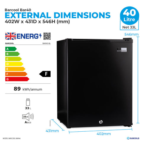 Black barcool bar40 led mini bar fridge with sleek modern design and keyhole lock at the bottom