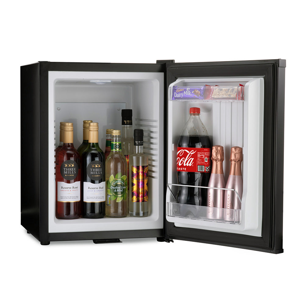Black-framed barcool bar40 led mini bar fridge with white interior stocked with wine bottles and beverages