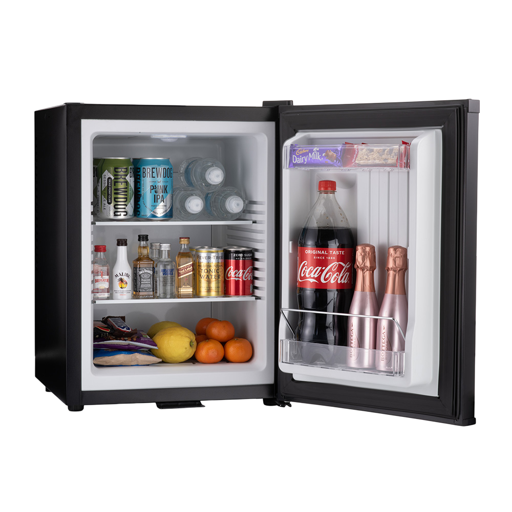 Black barcool bar40 led mini bar fridge with open door stocked with beverages and snacks for easy access