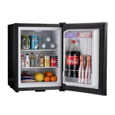 Black barcool bar40 led mini bar fridge with open door stocked with beverages and snacks for easy access