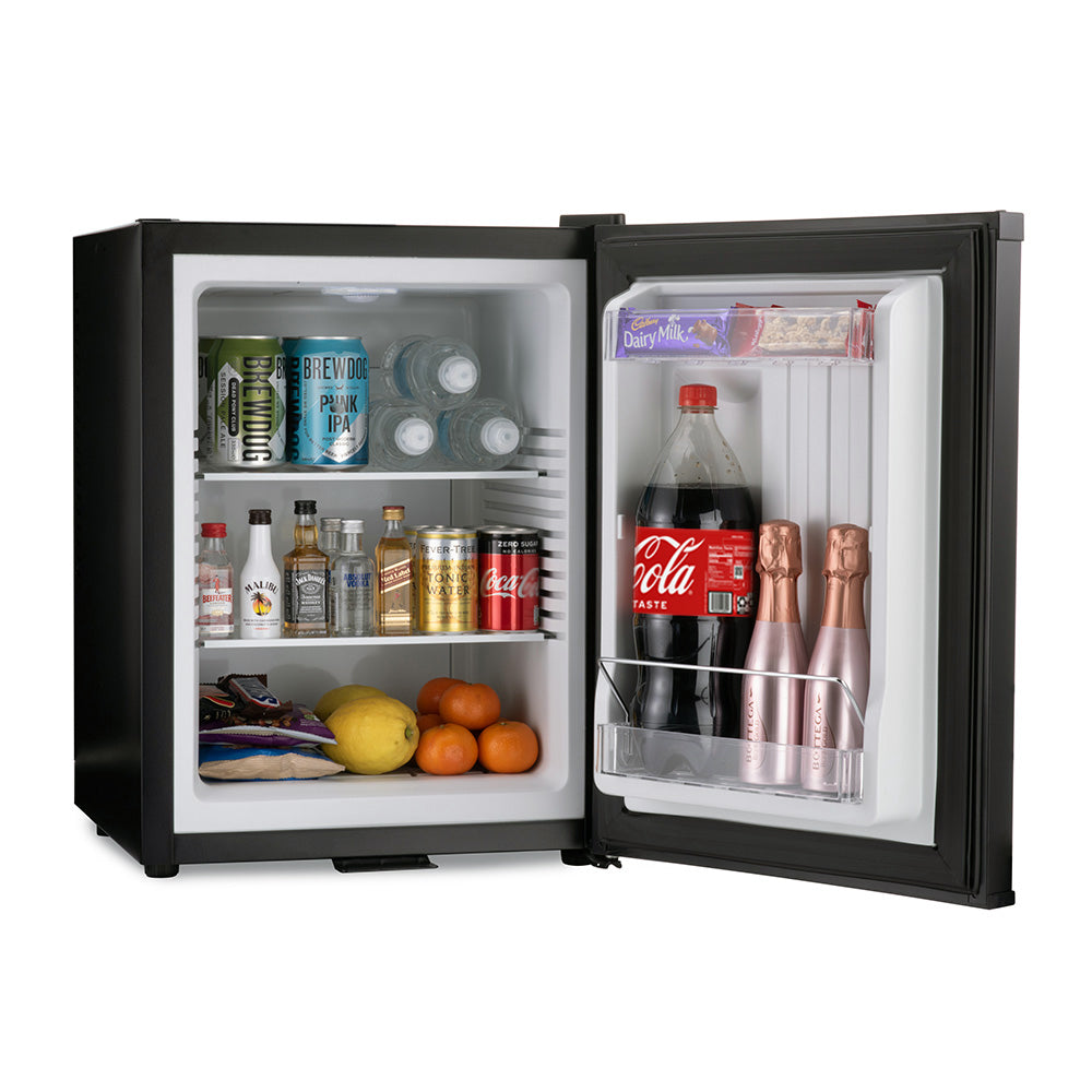 Black barcool bar40 led mini fridge with open door stocked with drinks and snacks for easy access at home or office