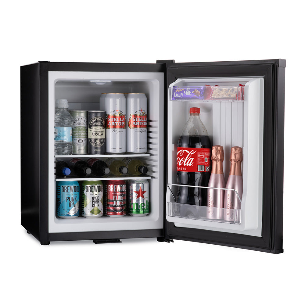 Black barcool bar40 led mini bar fridge with open door stocked with beers champagne flutes and cola bottles
