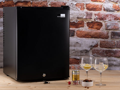 Black barcool bar40 led mini bar fridge with sleek modern design and small silver keyhole at the bottom