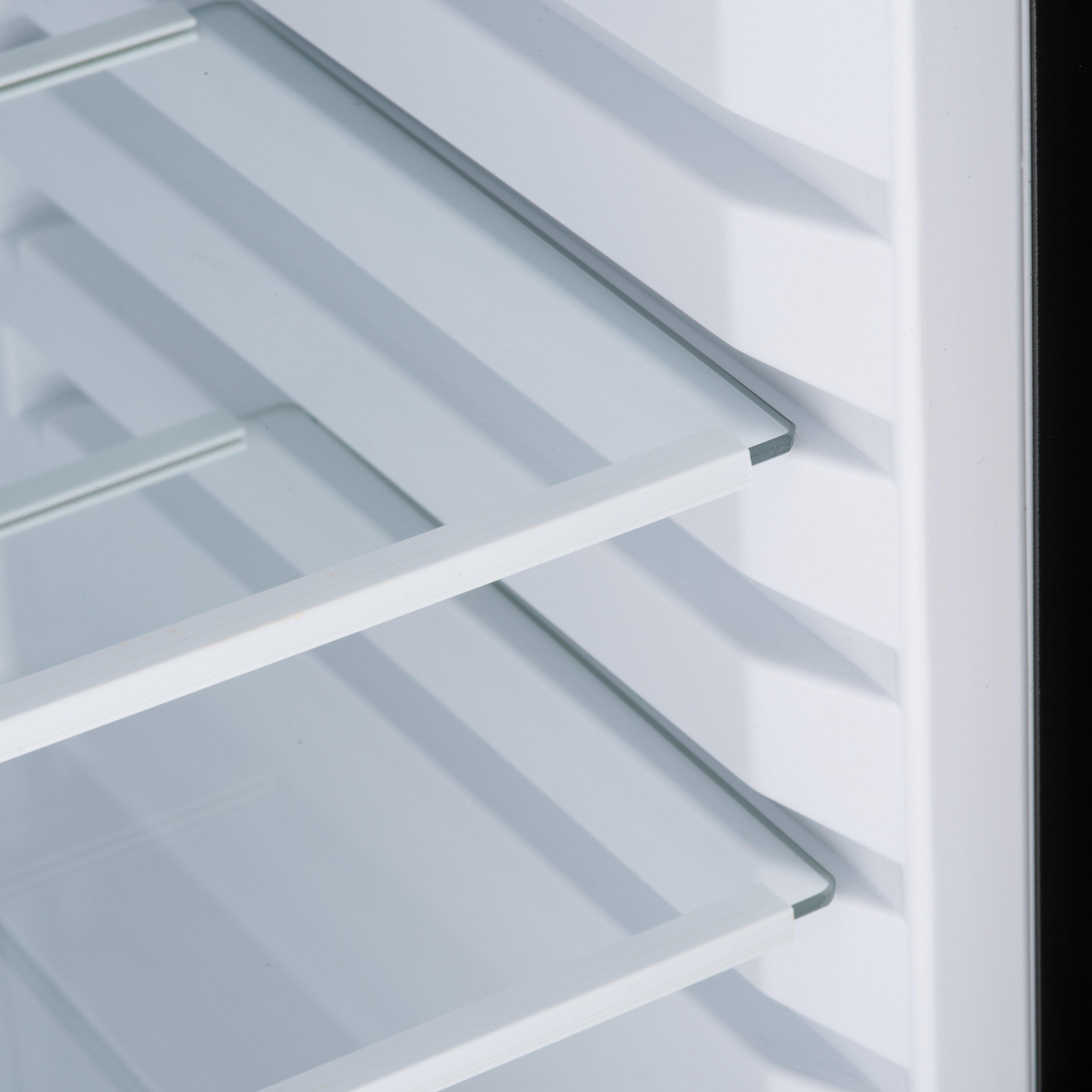 Clear glass shelves with sleek metallic edges inside the barcool bar40 led mini bar fridge interior