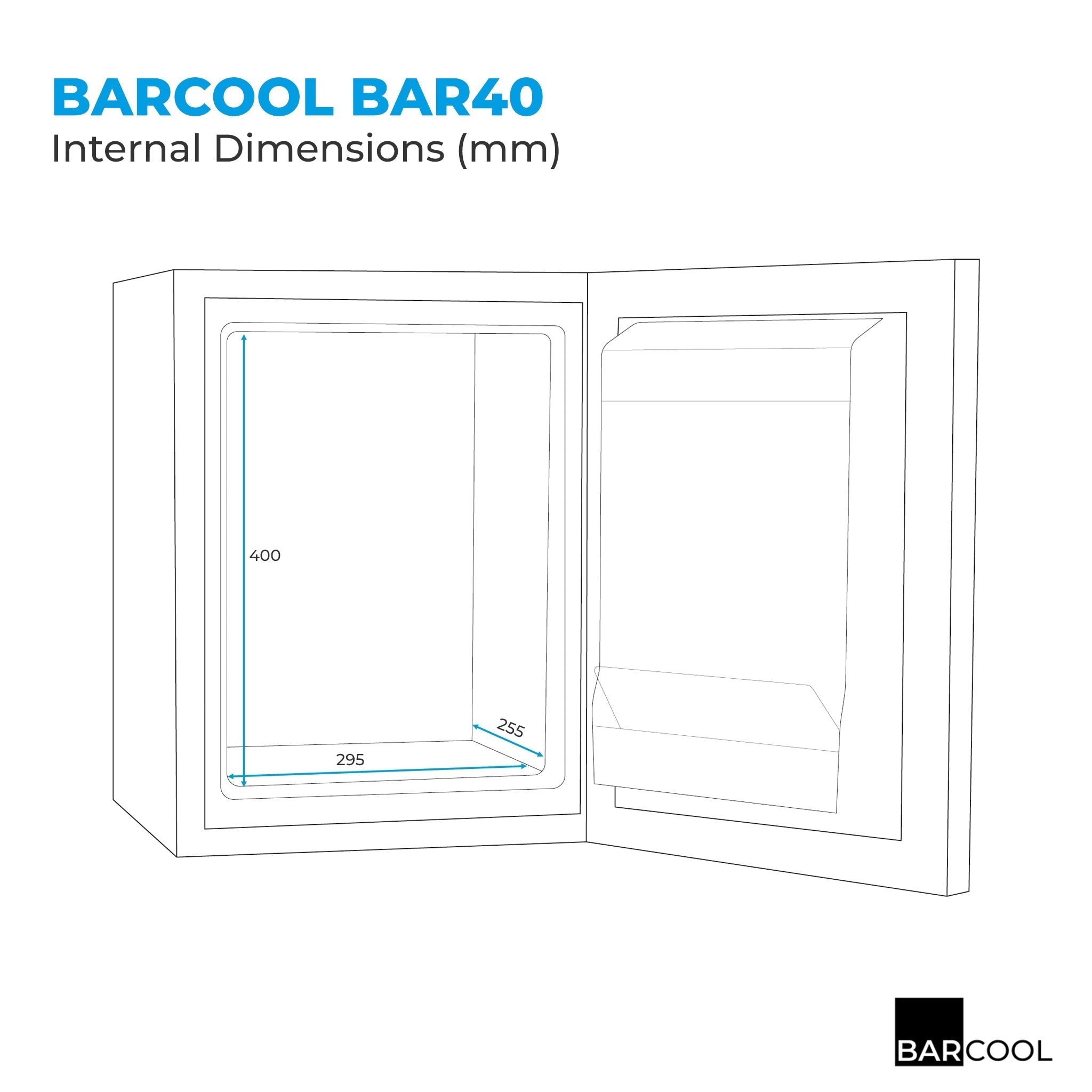 Barcool bar40 led mini bar fridge in black with internal dimensions 400mm height 295mm width 255mm depth