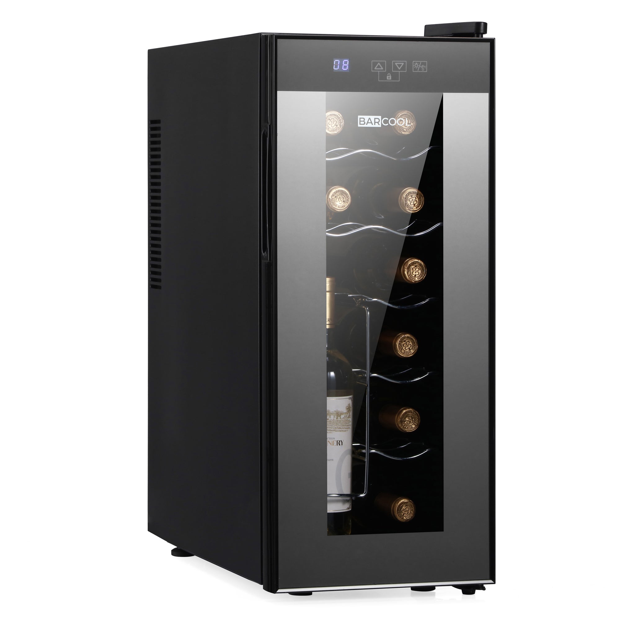 Black barcool slim wine cooler with glass door and digital display perfect for storing wine bottles neatly