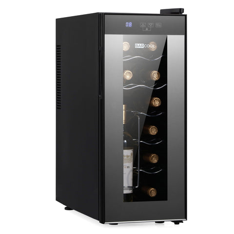 Black barcool slim wine cooler with glass door and digital display perfect for storing wine bottles neatly