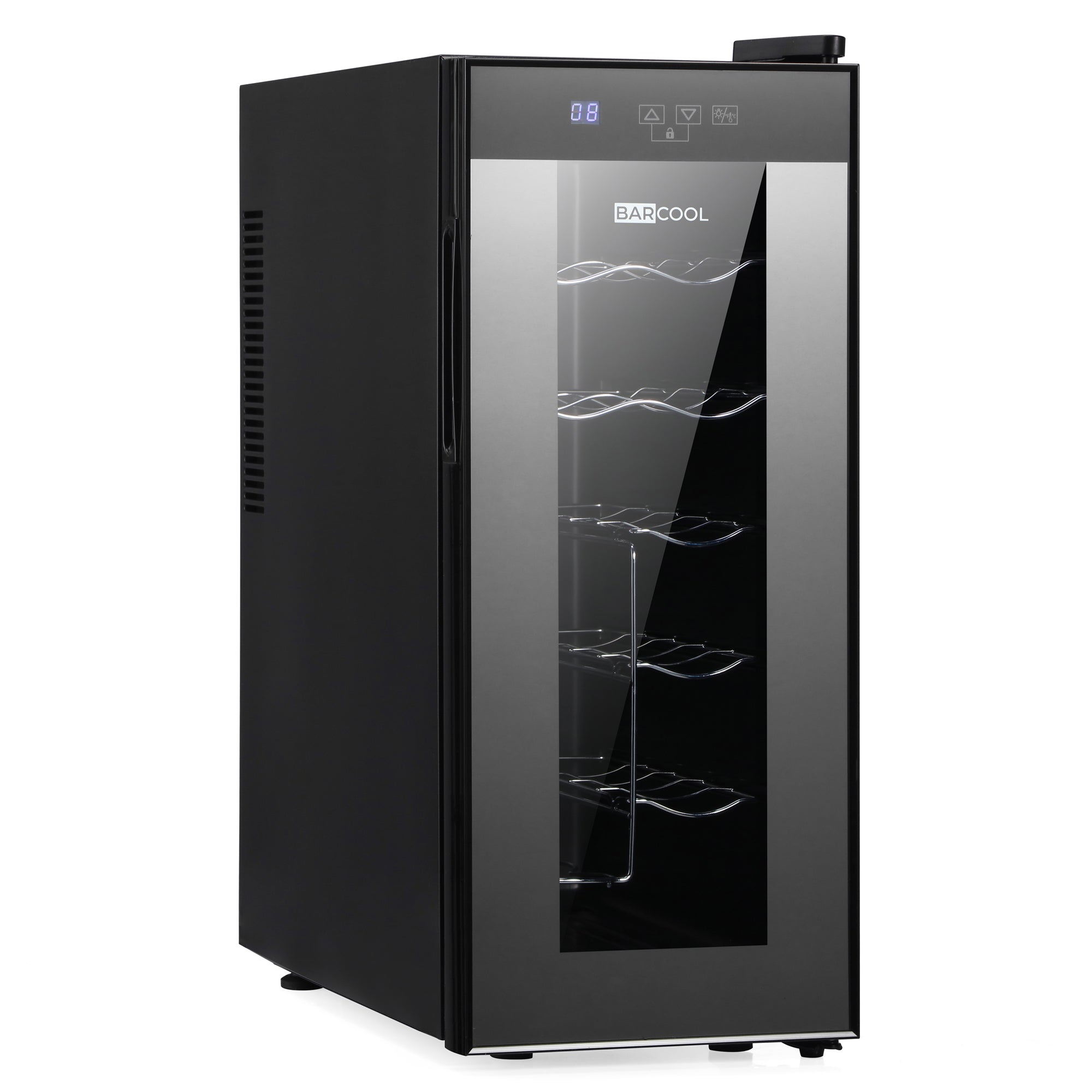 Black Barcool Vino12 LED slim wine cooler with glass door and silver wire racks perfect wine fridge for small spaces