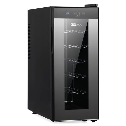 Black Barcool Vino12 LED slim wine cooler with glass door and silver wire racks perfect wine fridge for small spaces
