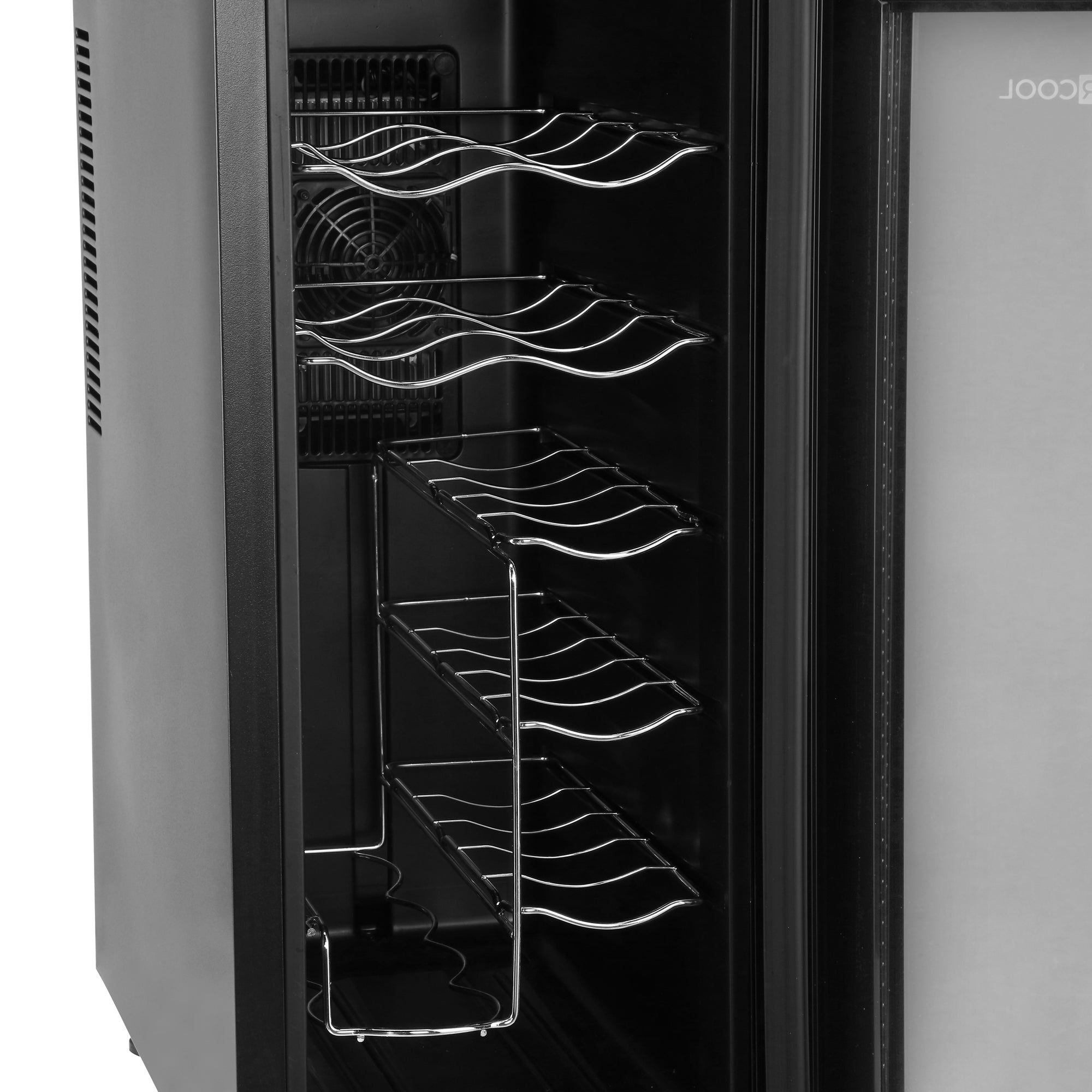 Black barcool vino12 slim wine cooler with chrome wave wire shelves and visible fan inside on a sleek countertop