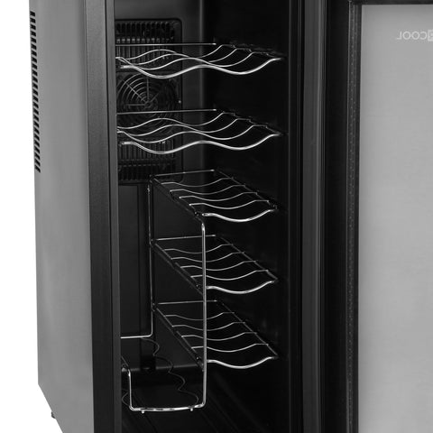 Black barcool vino12 slim wine cooler with chrome wave wire shelves and visible fan inside on a sleek countertop