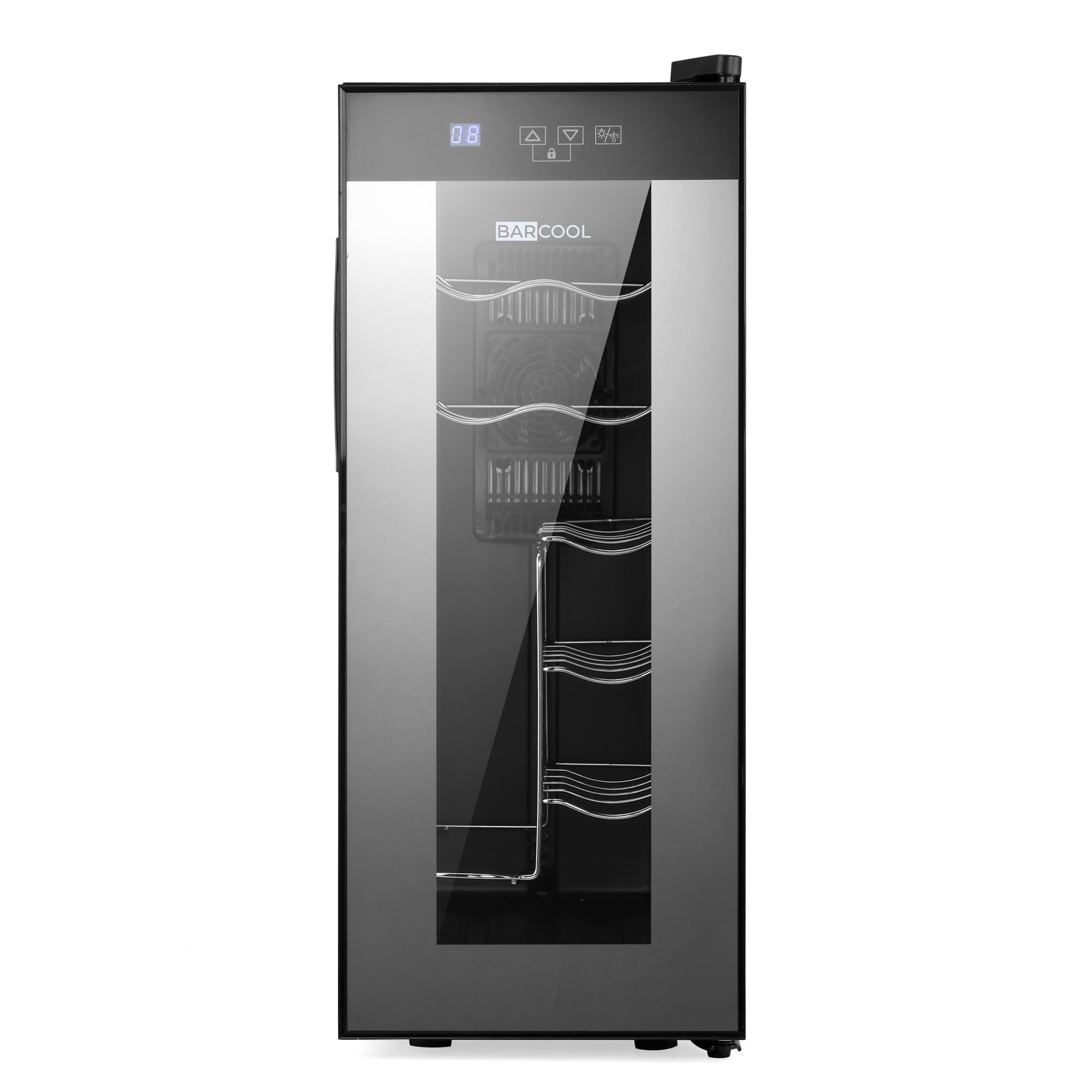 Black slim wine cooler Barcool Vino12 LED with glass door and silver wire racks for wine storage