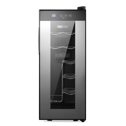 Black slim wine cooler Barcool Vino12 LED with glass door and silver wire racks for wine storage