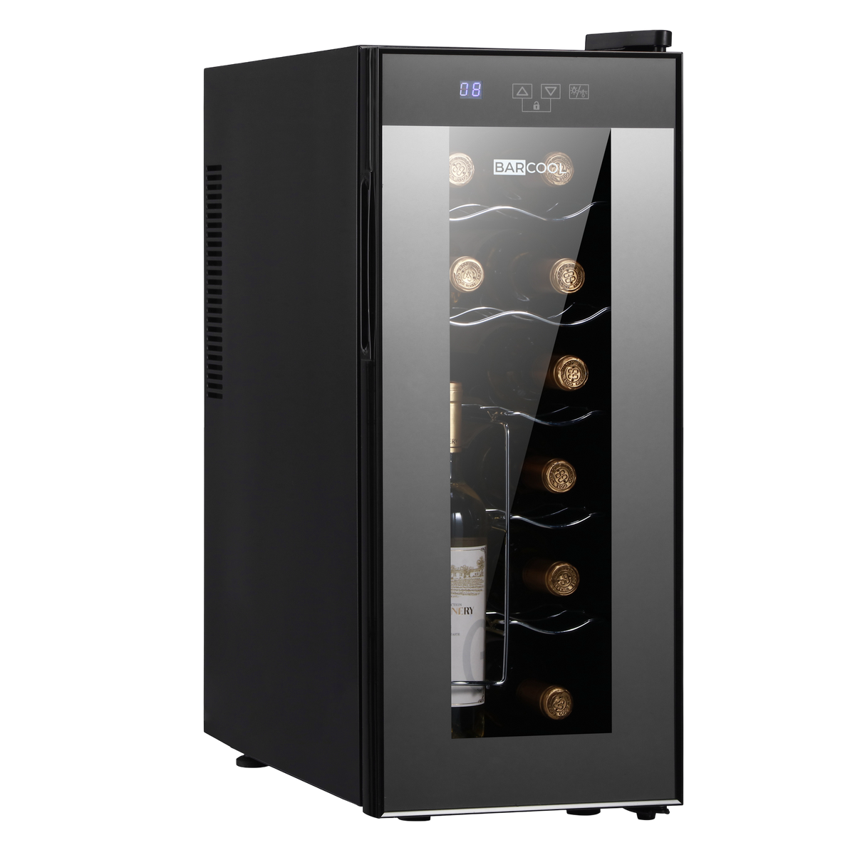 Black barcool vino12 led slim wine cooler with glass door and digital display perfect slim wine storage solution