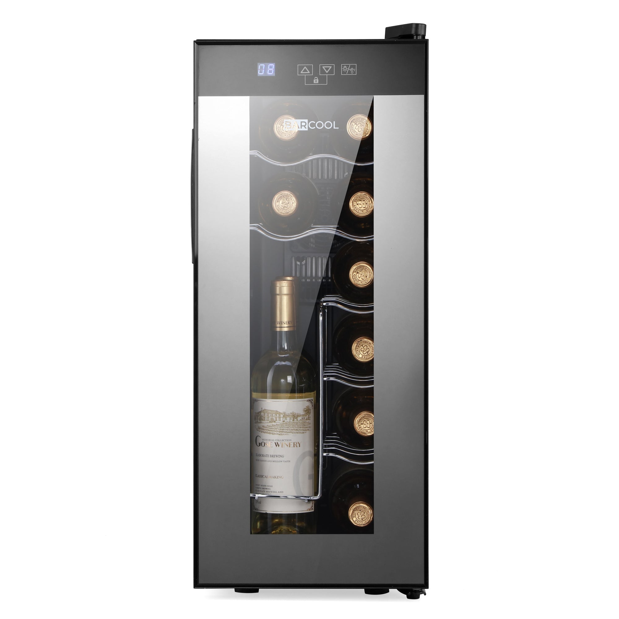 Barcool Vino12 slim wine cooler with black glass door, digital display, and gold-accented bottle racks wine fridge