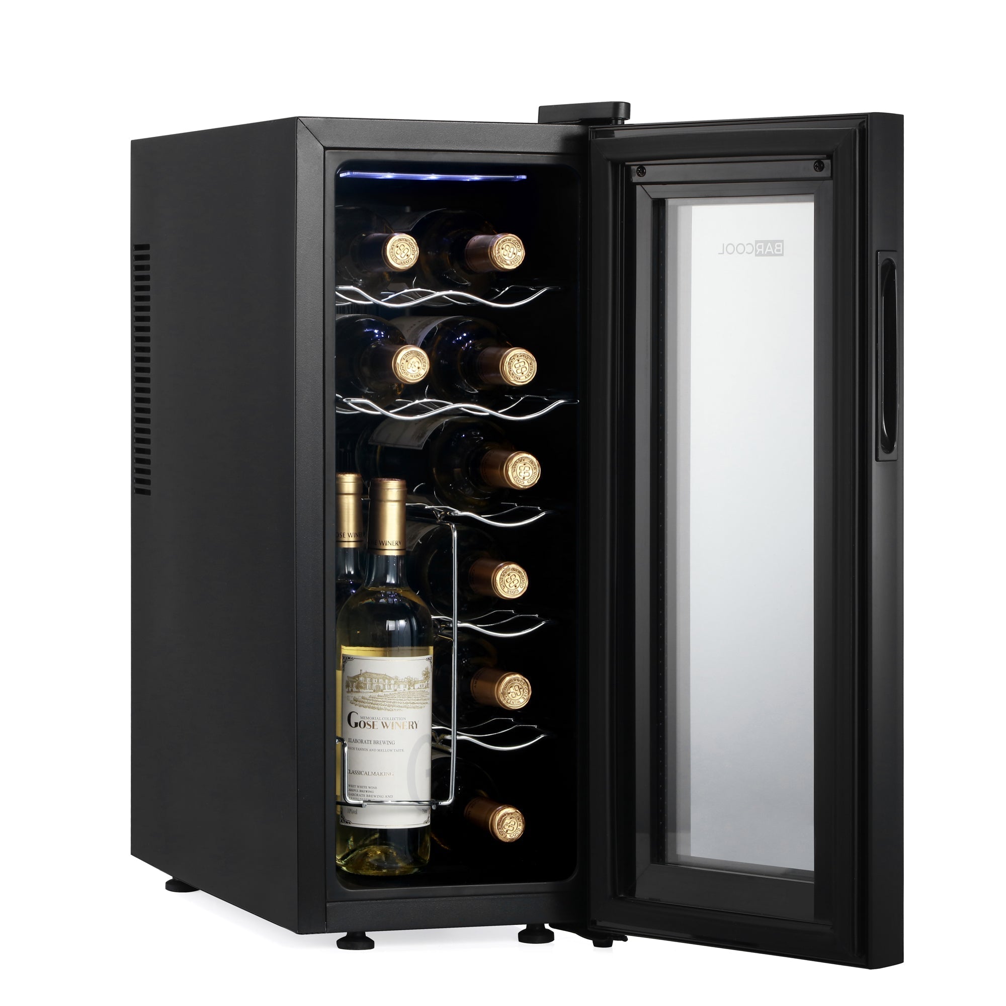 Barcool Vino12 LED slim wine cooler with black glass door and adjustable wire racks holding multiple bottles