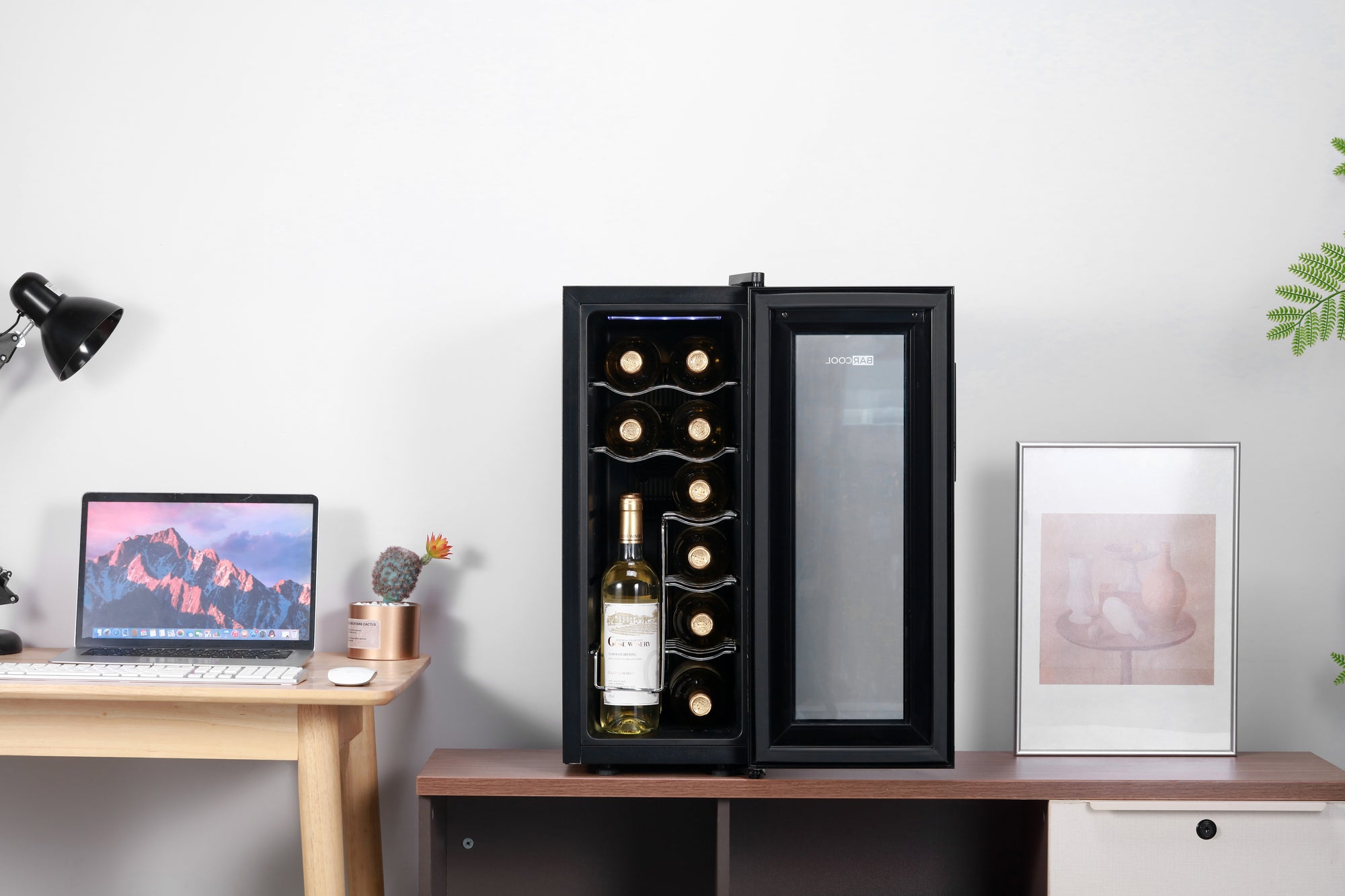 Black jomoo barcool vino12 slim wine cooler with glass door and interior led lighting holds multiple bottles easily