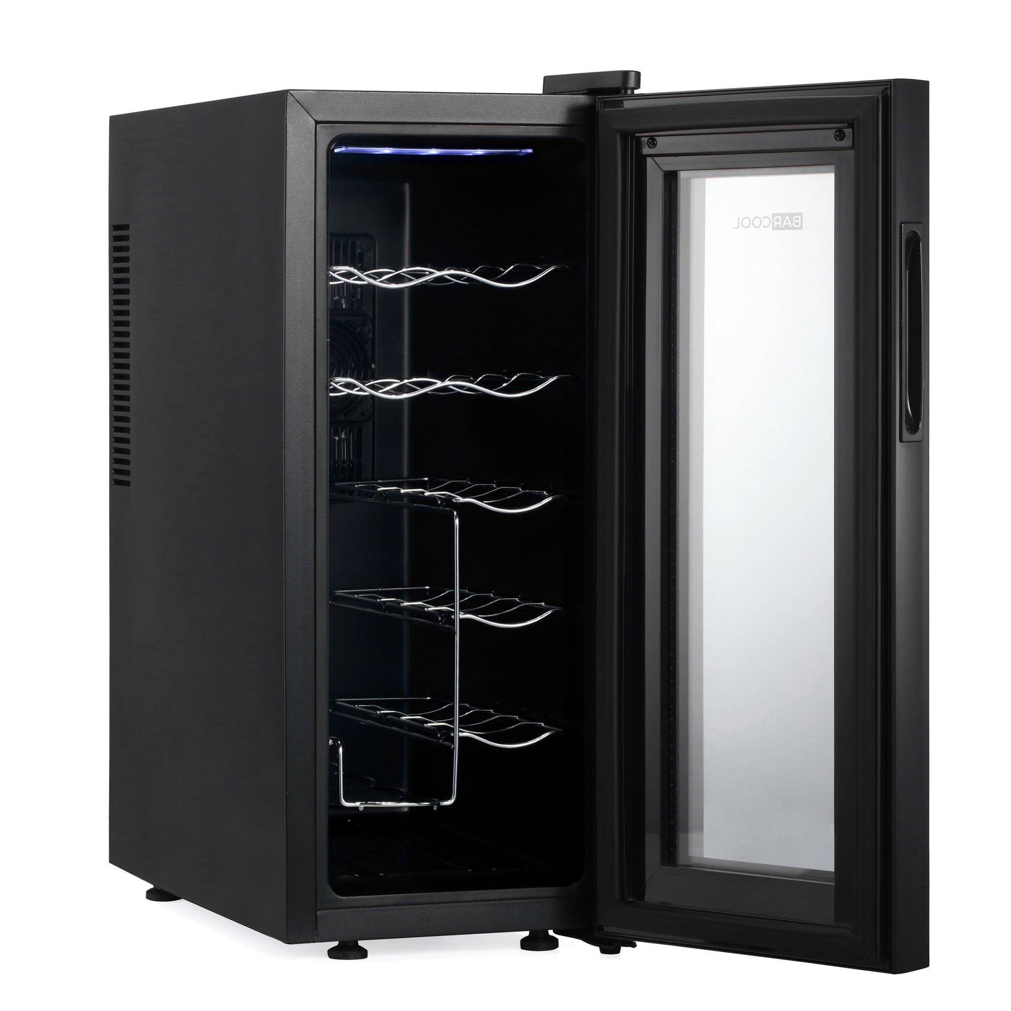 Black joojas barcool vino12 led slim wine cooler with glass door and silver wire shelves for slim wine storage