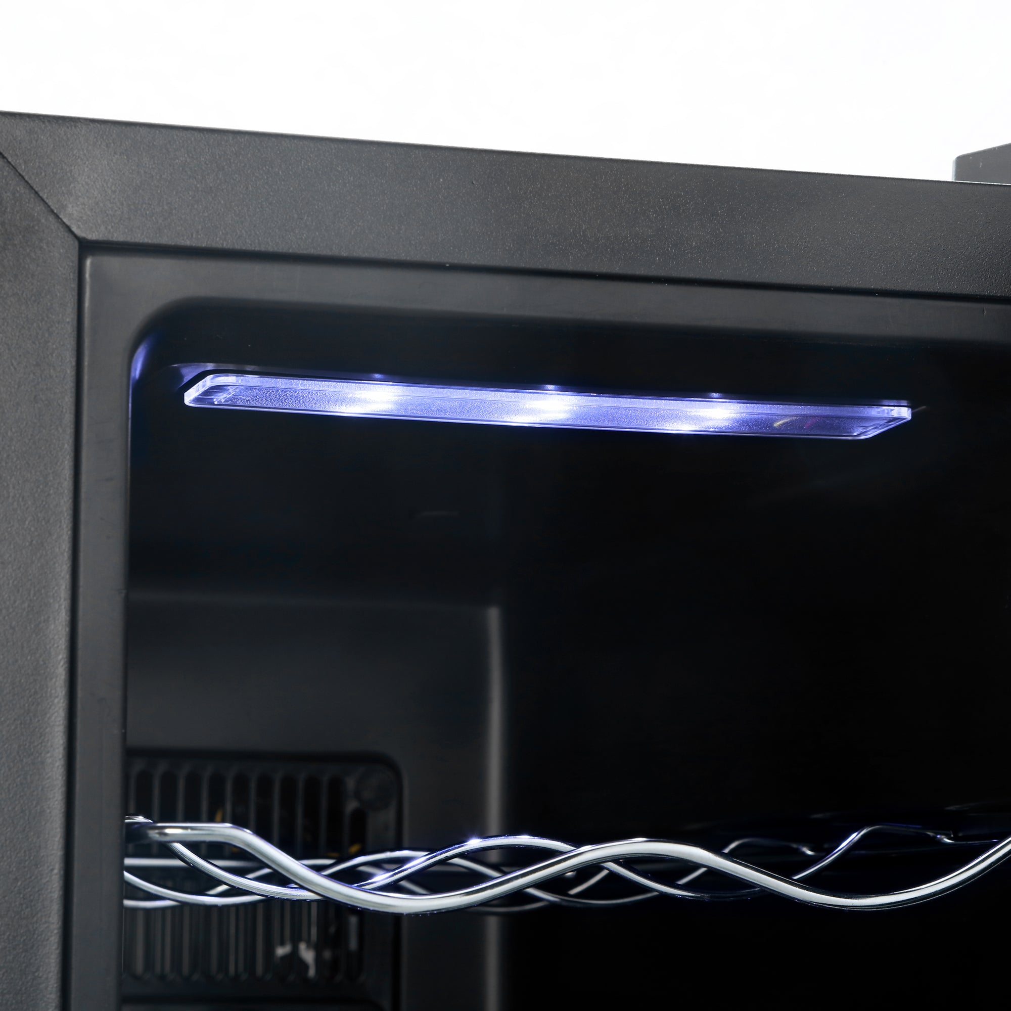 Black barcool vino12 led slim wine cooler with illuminated interior and silver twisted wire rack wine fridge design