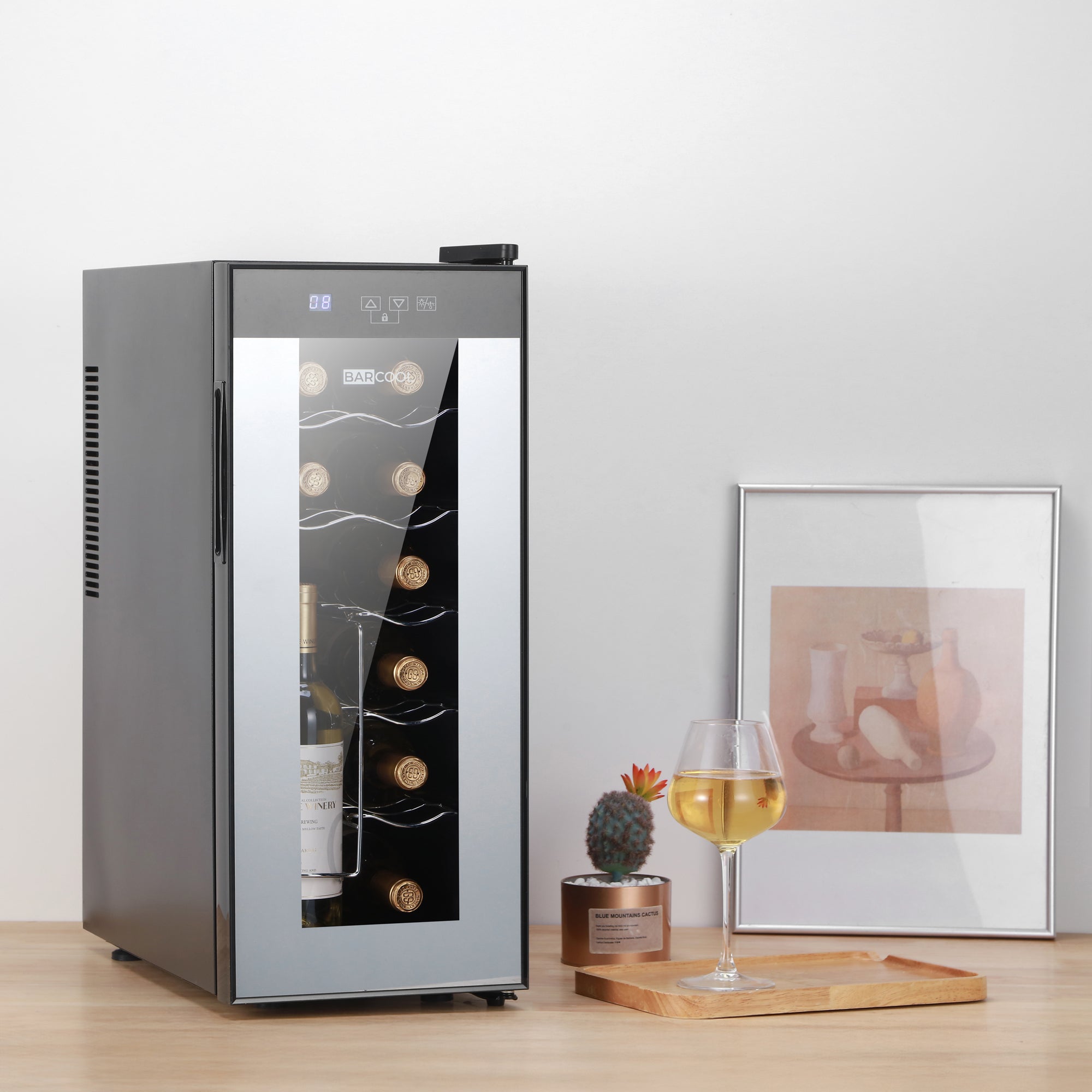 Silver-finished barcoo slim wine cooler with led light and glass door displaying neatly arranged bottles