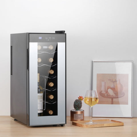 Silver-finished barcoo slim wine cooler with led light and glass door displaying neatly arranged bottles