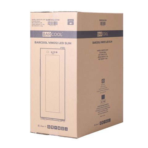 Barcool vino12 led slim wine cooler is a sleek black mini fridge with a modern design and slim wine cooler profile