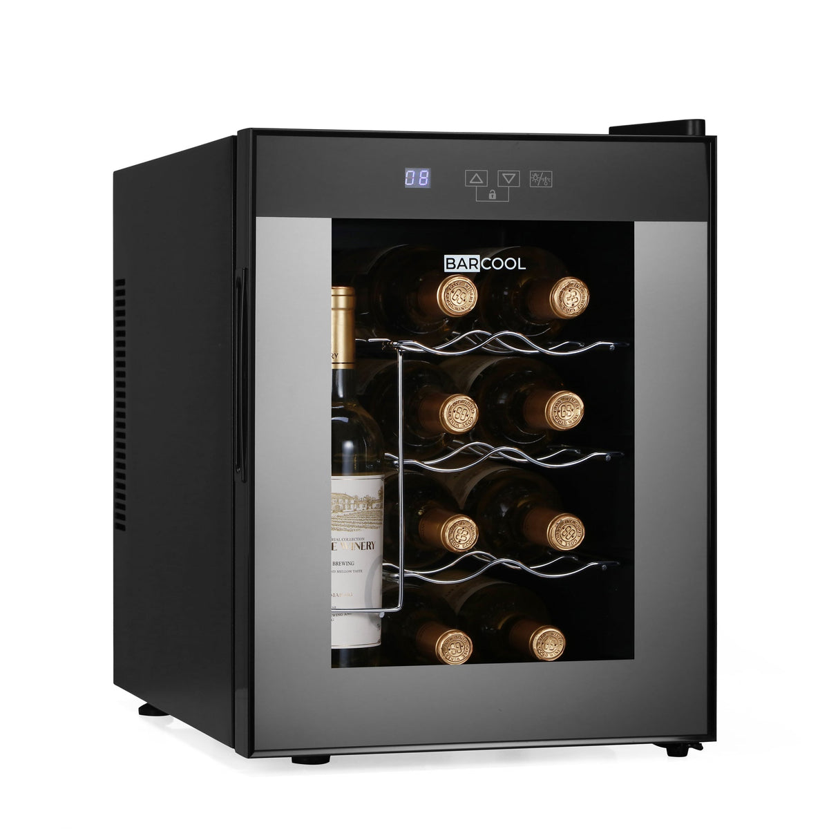 Black Barcool Vino12 LED wine display fridge with glass door and silver racks holding multiple bottles for wine display
