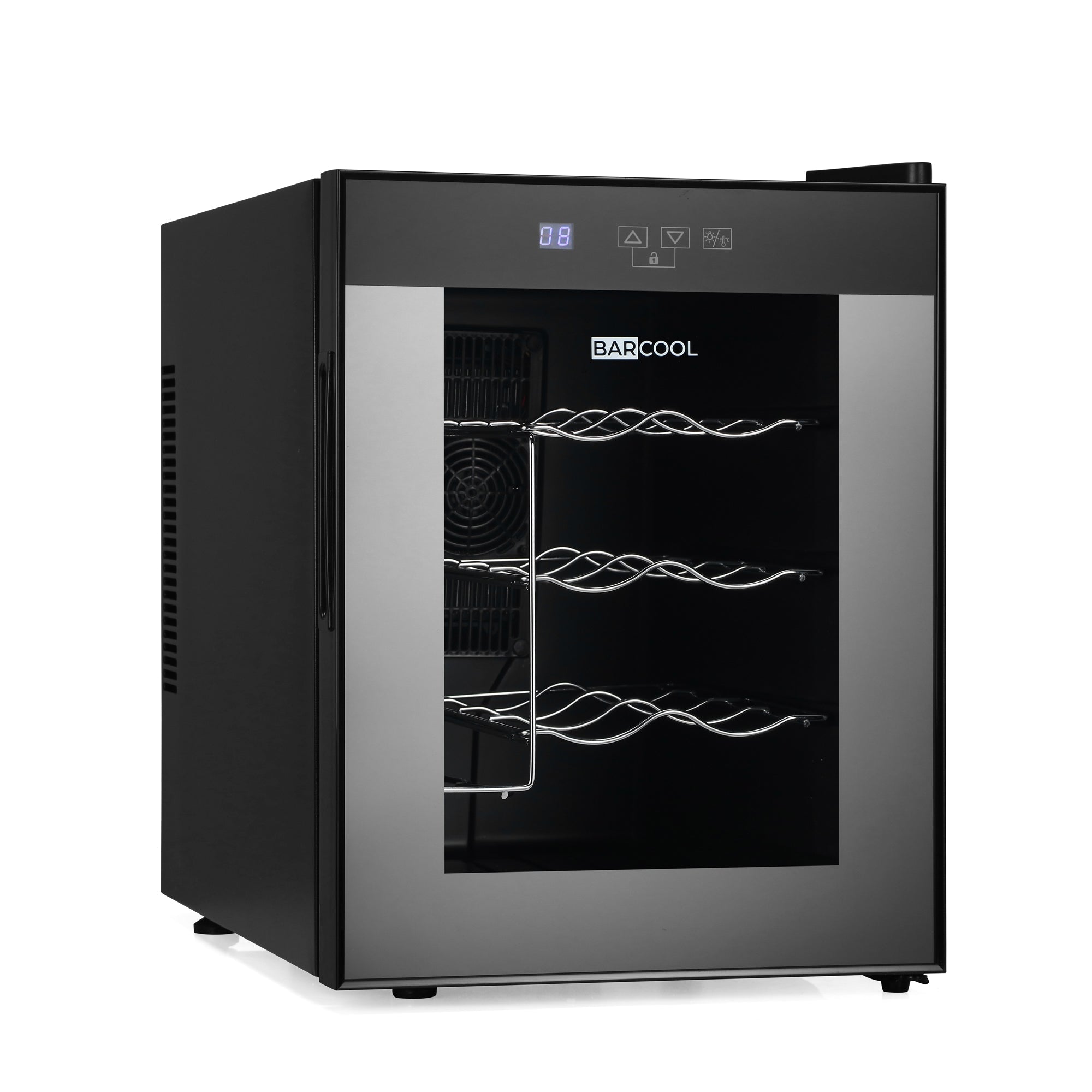Black barcool vino12 led wine cooler with glass door and silver wave wire racks for stylish wine display fridge use