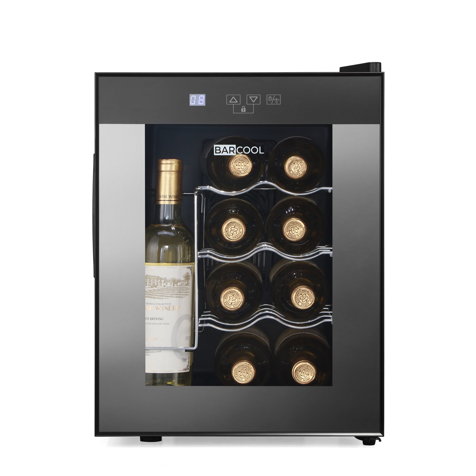 Black glass-door barcool vino12 led wine display fridge with silver accents and digital temperature display
