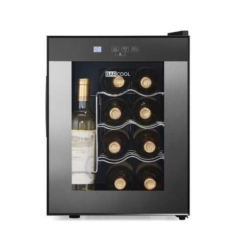 Black glass-door barcool vino12 led wine display fridge with silver accents and digital temperature display