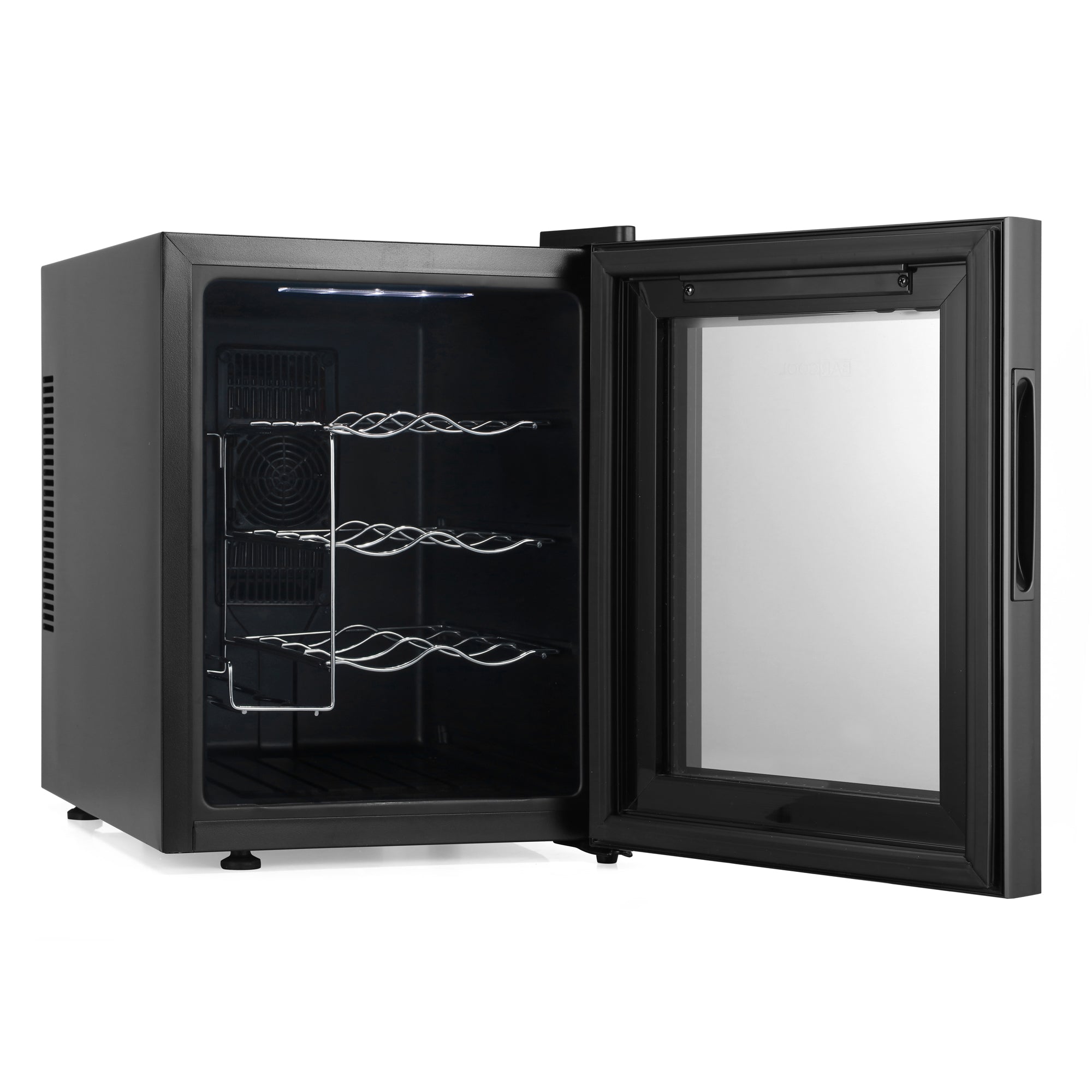 Black glass-door barcool vino12 led wine cooler with three silver wire racks for stylish wine display fridge use