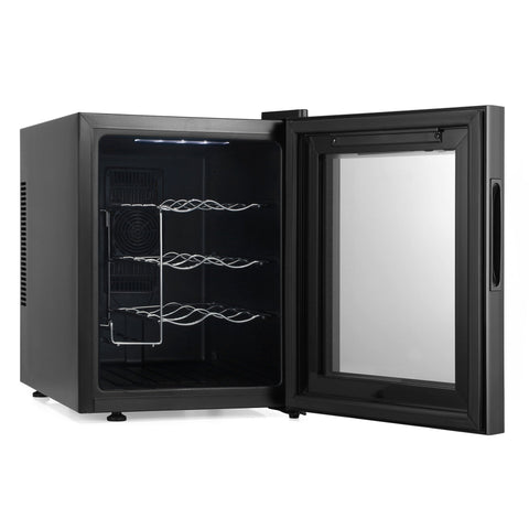Black glass-door barcool vino12 led wine cooler with three silver wire racks for stylish wine display fridge use