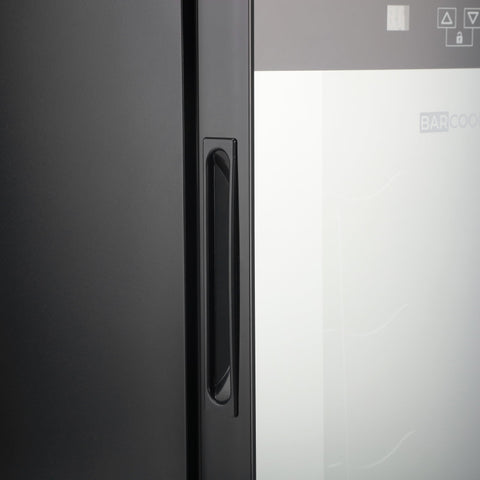 Black matte finish door handle on barcool vino12 led wine cooler for sleek modern wine display fridge design