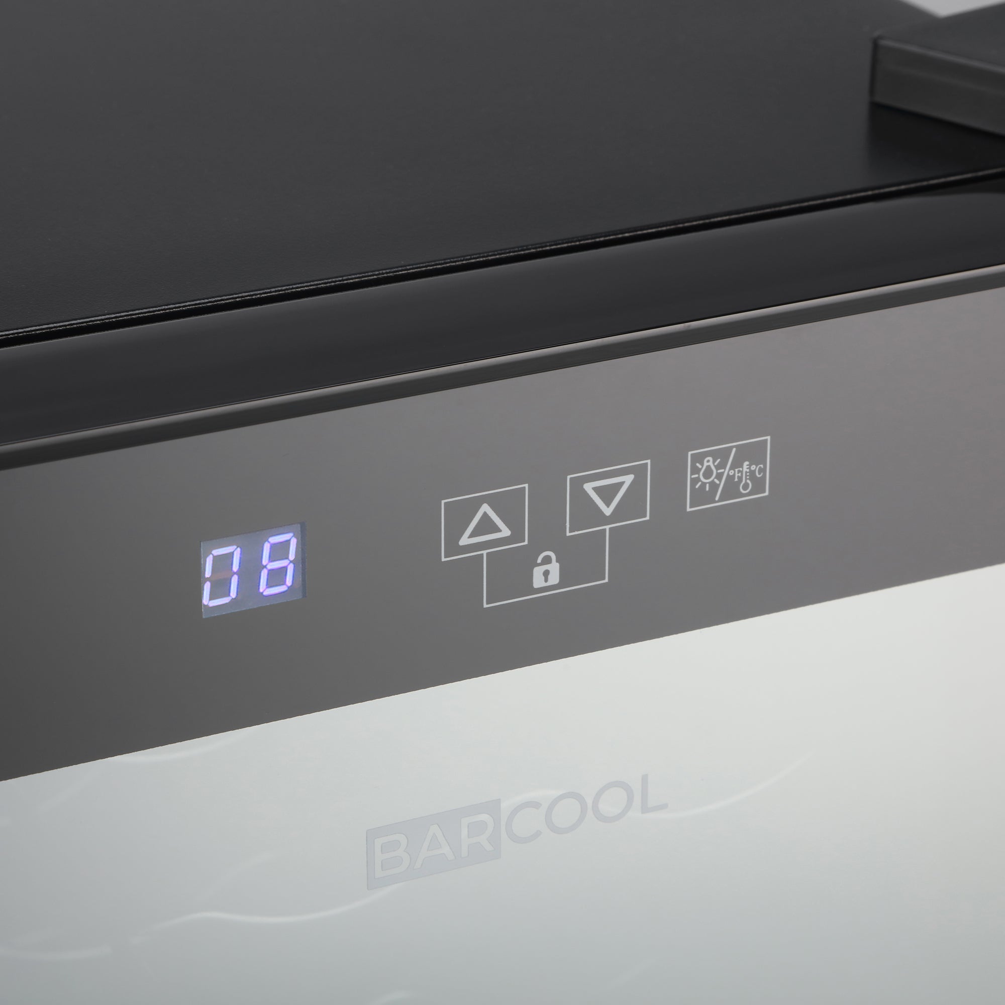 Black and silver Barcool Vino12 LED wine display fridge with digital display showing 08 for stylish wine storage