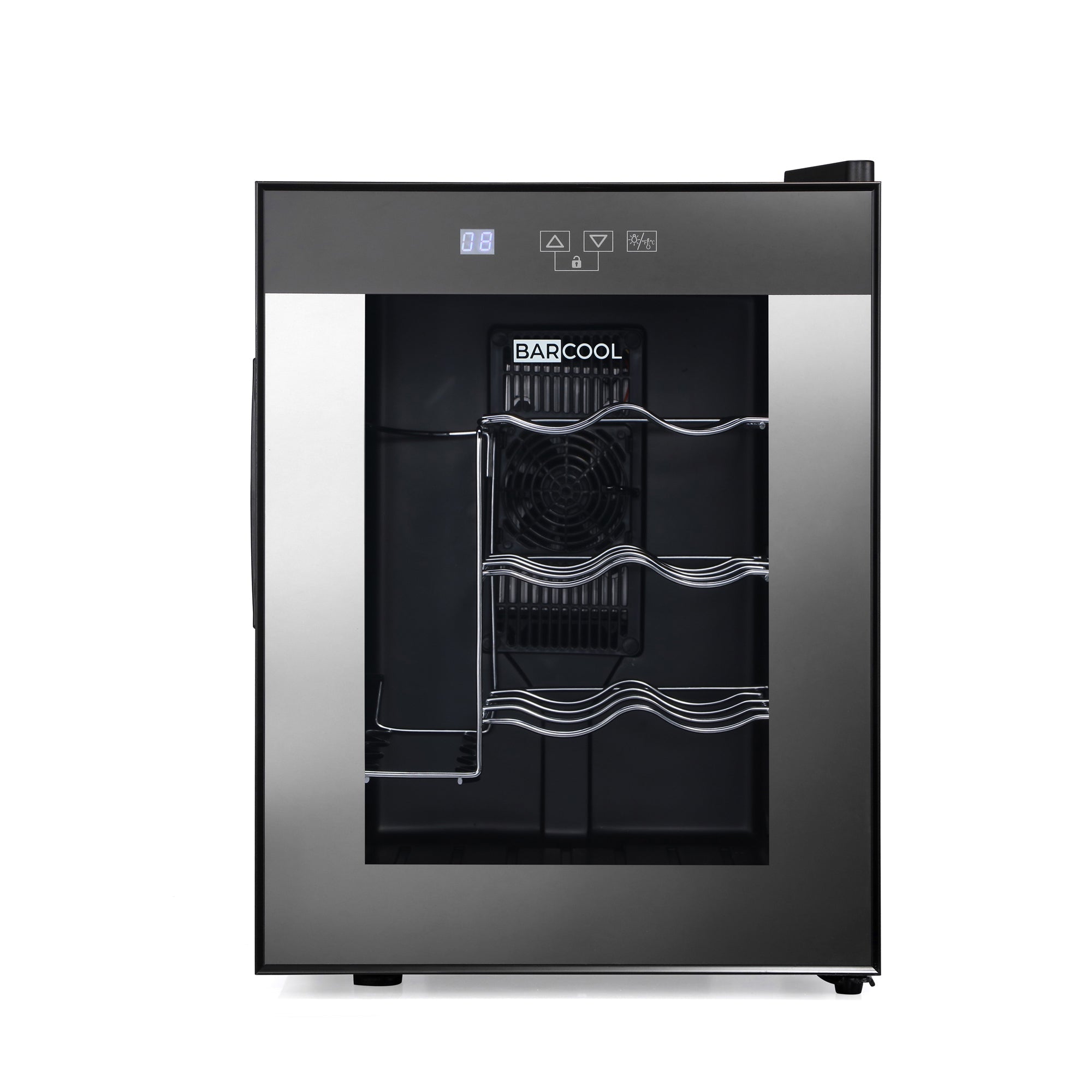 Black and stainless steel barcool vino12 led wine cooler with digital display and wavy metal racks wine display fridge