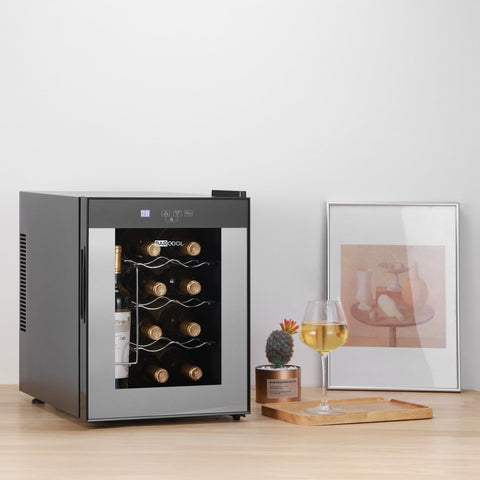 Sleek black and stainless steel barcool vino12 led wine display fridge with glass door showcasing bottles neatly arranged
