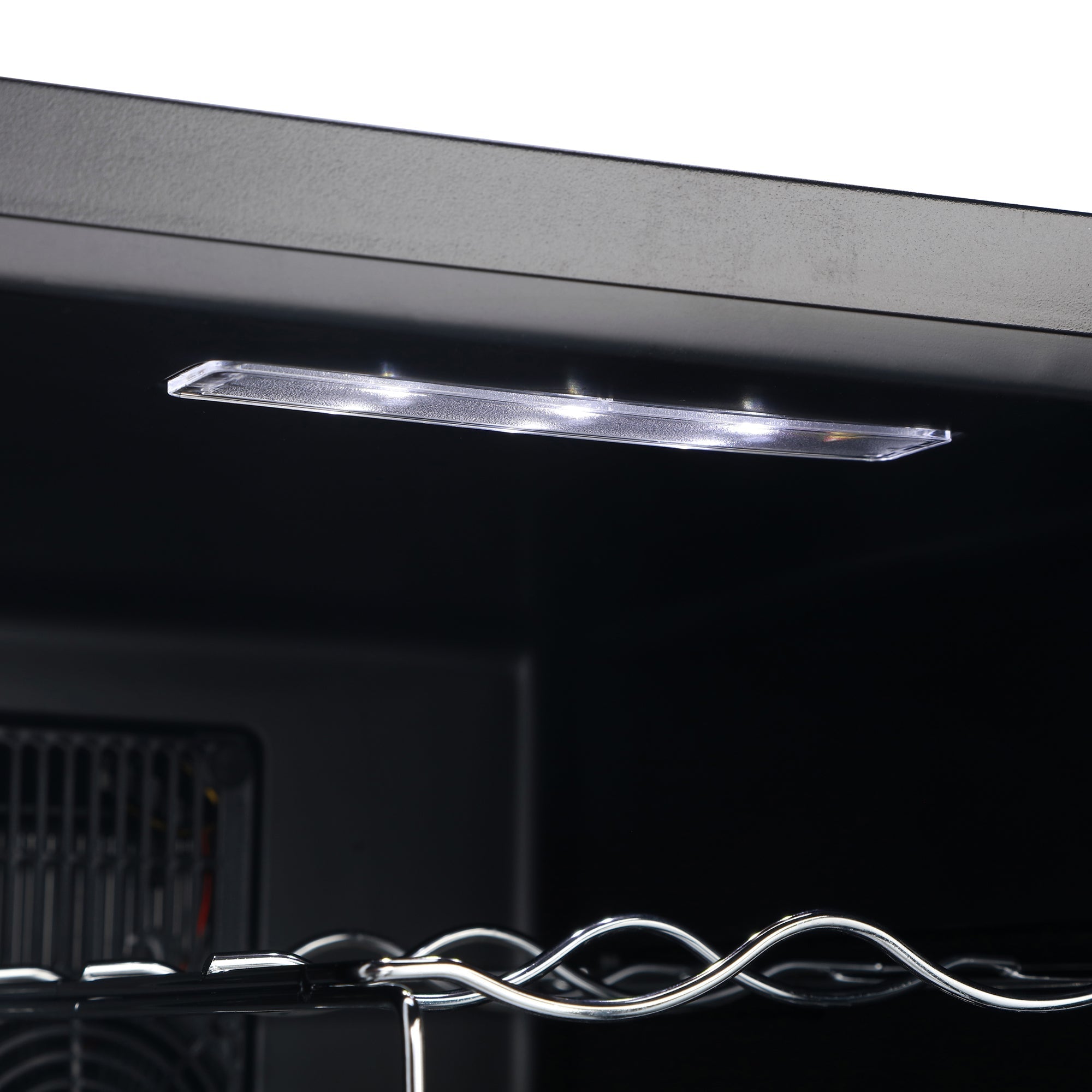 A sleek black led light bar with clear textured cover and three bright bulbs inside the barcool vino12 wine display fridge