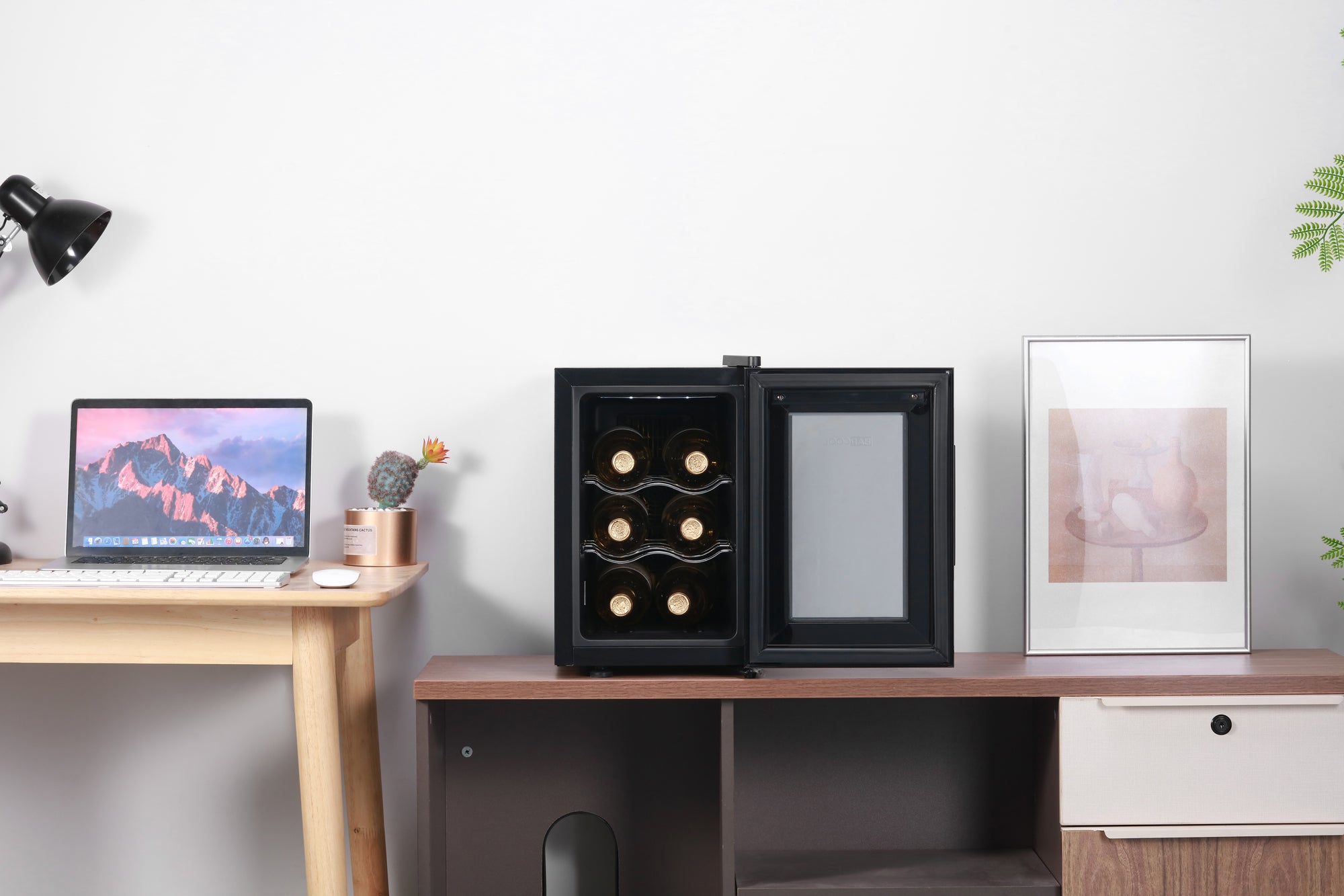 Black barcool vino6 led wine cooler with glass door and six bottle compartments for stylish wine display fridge use