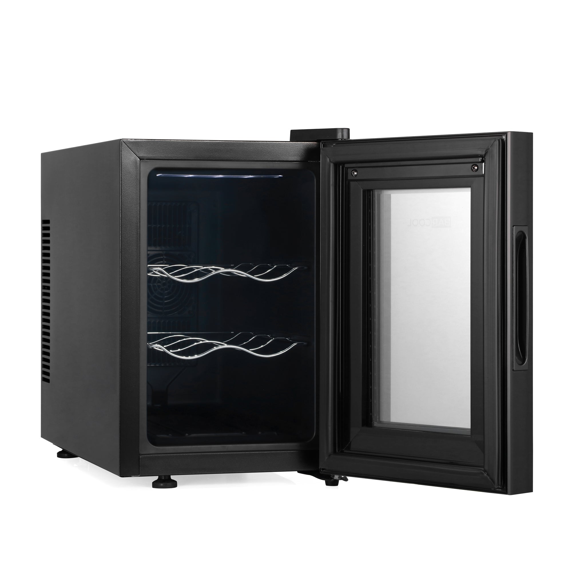 Black glass-door Barcool Vino6 LED wine display fridge with sleek modern design and two curved wire racks inside