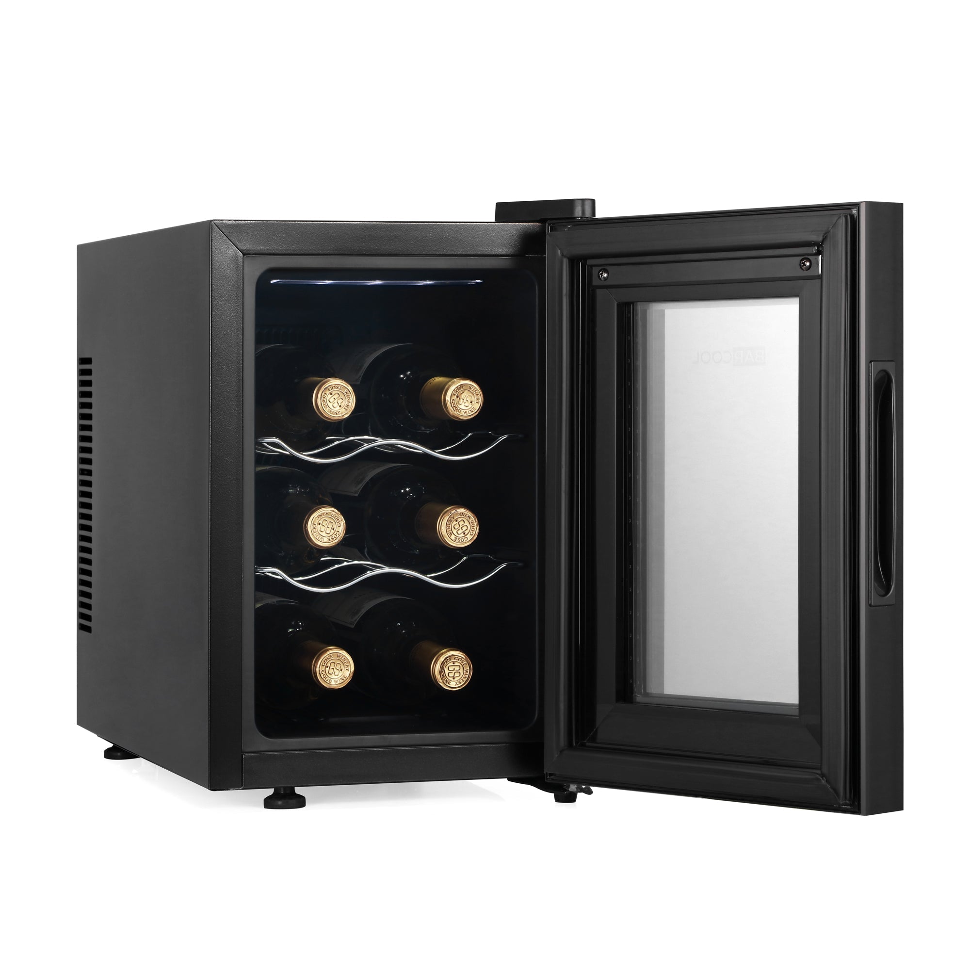 Black glass-door barcool vino6 led wine cooler with sleek shelving for wine display fridge and storage