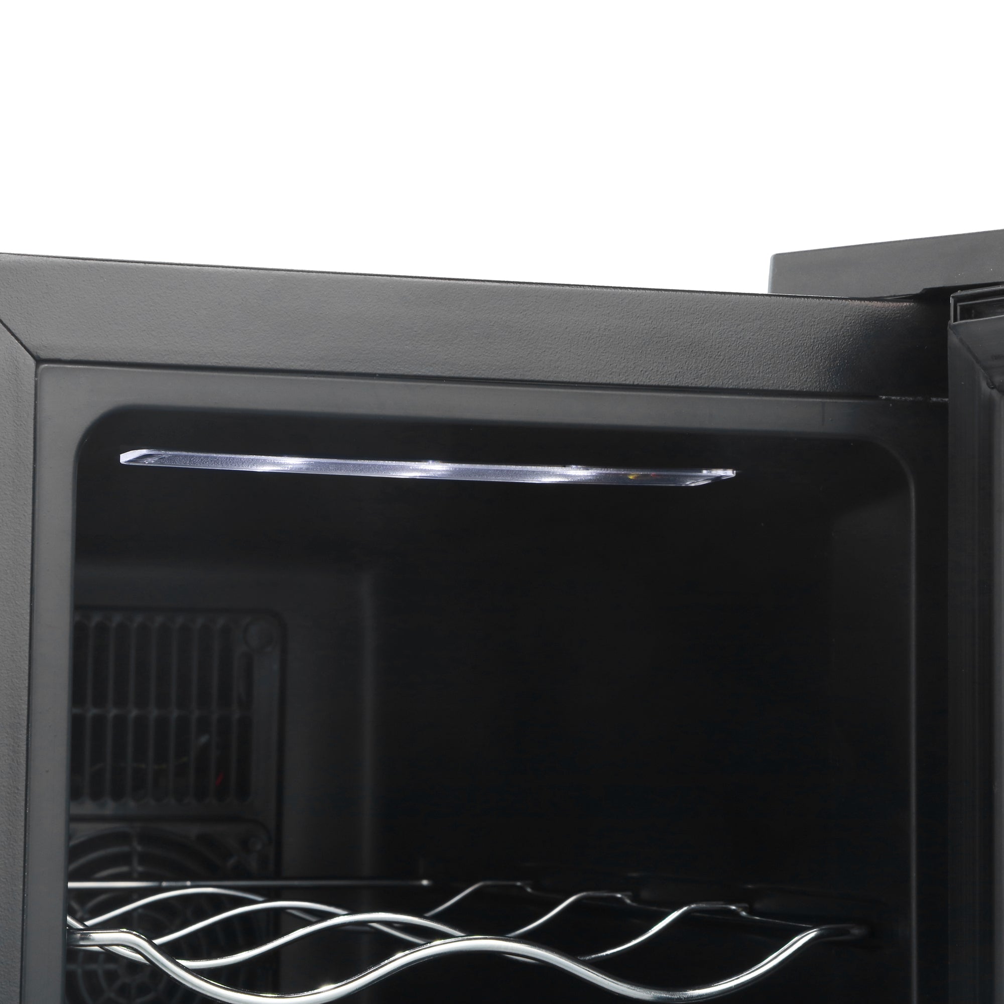 Black Barcool Vino6 LED wine cooler with chrome wire racks and LED light bar for stylish wine display fridge use